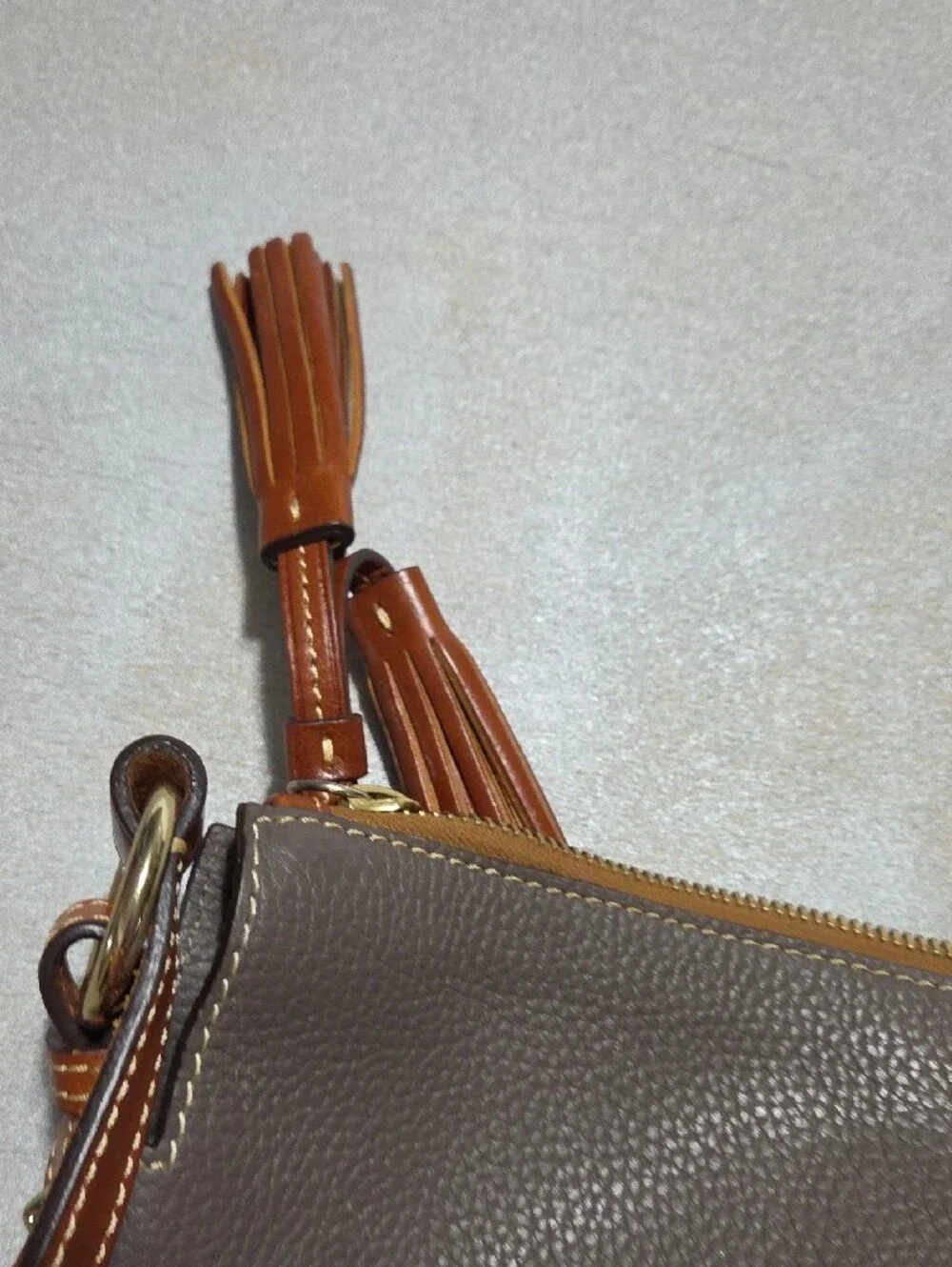 Dooney & Bourke Gray Pebbled Leather Crossbody with Brown Trim